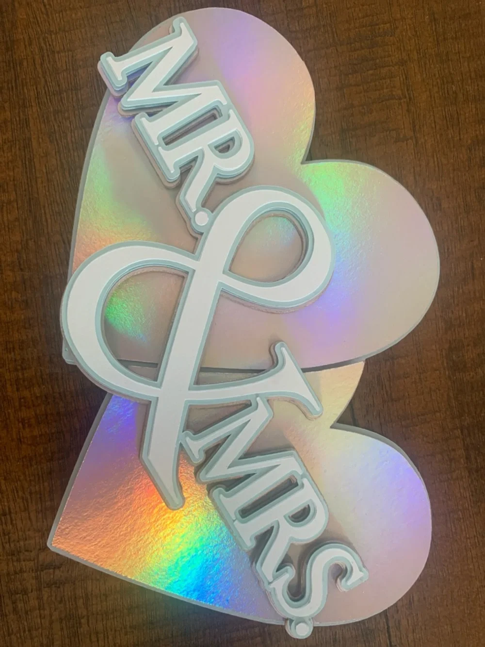 MR. & MRS. Iridescent Heart Cake Topper - Light Blue White Silver